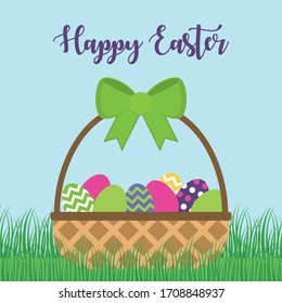 Flat icon wooden basket with Easter eggs and green bow on grass. Easter card. Vector illustration.