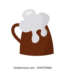 Flat icon of wooden beer mug. Lush foam spills over the edge. Vector isolated illustration on white background, Suitable for Oktovbefest and St. Patrick's Day.