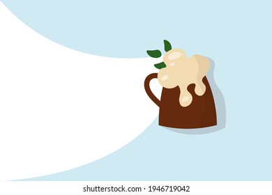 Flat icon of wooden beer mug with malt leaves. Lush foam shimmers around the edge. Isolated vector illustration. The concept of beer festival, parties, Oktoberfest site, St. Patrick's day.
