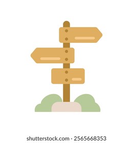 Flat icon of a wooden signpost with multiple directional arrows in cartoon style. Perfect for travel, navigation, and wayfinding projects. Ideal for mobile apps and web design.
