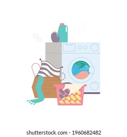 Flat icon with working washing machine dirty clothes detergent vector illustration