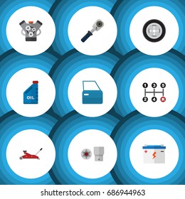 Flat Icon Workshop Set Of Lifting, Accumulator, Automobile Part And Other Vector Objects. Also Includes Ratchet, Car, Part Elements.