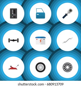 Flat Icon Workshop Set Of Tire, Coupler, Lifting And Other Vector Objects. Also Includes Automobile, Automatic, Bearing Elements.