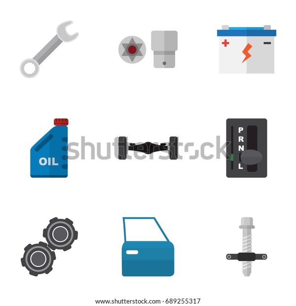 Flat Icon Workshop Set Of Turnscrew,\
Suspension, Muffler And Other Vector Objects. Also Includes Wrench,\
Accumulator, Key\
Elements.