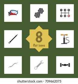 Flat Icon Workshop Set Of Wheel Pump, Belt, Lifting And Other Vector Objects. Also Includes Axis, Suspension, Car Elements.