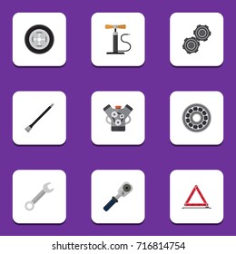 Flat Icon Workshop Set Of Wheel Pump, Spanner, Warning And Other Vector Objects. Also Includes Coupler, Car, Warning Elements.