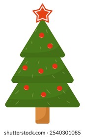 Flat icon of Xmas tree decorated with festive baubles and star isolated on white background.