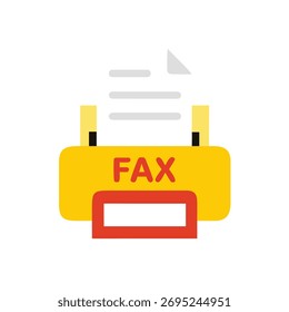 Icono plano de una máquina de fax amarilla con un documento enviado. Aislado en un fondo blanco. Formato de Vector escalable adecuado para imprimir y...