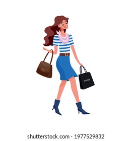 Flat icon with young elegant french woman and shopping bag vector illustration