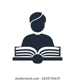 Flat icon of a young person reading a book, symbolizing education, knowledge, learning, and student activity icon