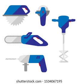Flat iconf of electric  building tools. Circular saw, angle drive grinder, chain saw, drill, mixer.