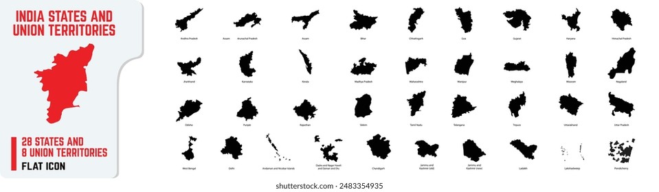 Flat icons of the 28 states of India and Union Territories, including regions such as Tamil Nadu, Delhi, Maharashtra (Mumbai), West Bengal (Kolkata), and more. 