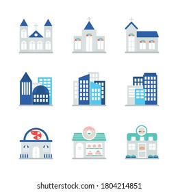 Flat icons about churches and various buildings.
 svg