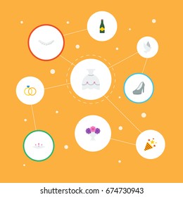 Flat Icons Accessories, Jewelry, Engagement And Other Vector Elements. Set Of Marriage Flat Icons Symbols Also Includes Accessories, Bride, Dress Objects.