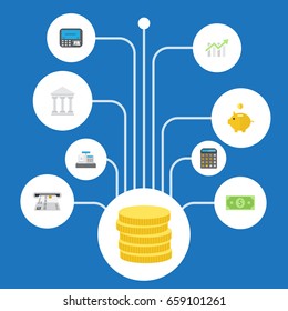 Flat Icons Accounting, Money, Small Change And Other Vector Elements. Set Of Banking Flat Icons Symbols Also Includes Till, Calculator, Chart Objects.