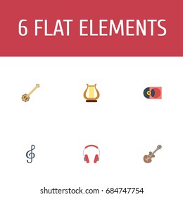 Flat Icons Acoustic, Banjo, Retro Disc And Other Vector Elements. Set Of Music Flat Icons Symbols Also Includes Musical, Headset, Retro Objects.