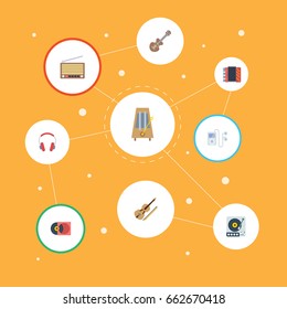 Flat Icons Acoustic, Fiddle, Rhythm Motion And Other Vector Elements. Set Of Audio Flat Icons Symbols Also Includes Mp3, Vinyl, Orchestra Objects.