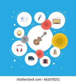 Flat Icons Acoustic, Lyre, Mp3 Player And Other Vector Elements. Set Of Music Flat Icons Symbols Also Includes Harp, Headset, Octave Objects.