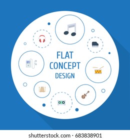 Flat Icons Acoustic, Tambourine, Tape And Other Vector Elements. Set Of Studio Flat Icons Symbols Also Includes Note, Drum, Player Objects.