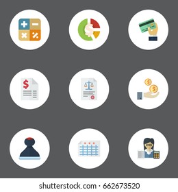 Flat Icons Act, Card, Duty And Other Vector Elements. Set Of Registration Flat Icons Symbols Also Includes Duty, Income, Algebra Objects.