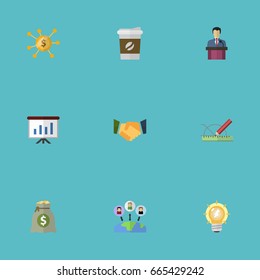 Flat Icons Administration, Design, Show And Other Vector Elements. Set Of Idea Flat Icons Symbols Also Includes Outsource, Joint, Development Objects.