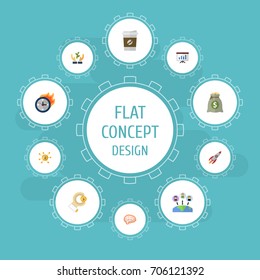 Flat Icons Administration, Rocket, Mind And Other Vector Elements. Set Of Startup Flat Icons Symbols Also Includes Deadline, Crowdfunding, Brain Objects.