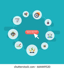 Flat Icons Administration, Show, Gear And Other Vector Elements. Set Of Projects Flat Icons Symbols Also Includes Company, Support, Workflow Objects.