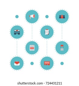 Flat Icons Advertising, Message, Auditorium And Other Vector Elements. Set Of Marketing Flat Icons Symbols Also Includes Chatting, Building, Billboard Objects.