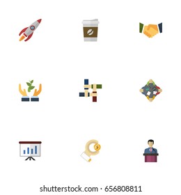 Flat Icons Agreement, Break, Help And Other Vector Elements. Set Of Projects Flat Icons Symbols Also Includes Leader, Group, Support Objects.