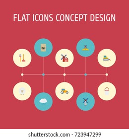 Flat Icons Agriculture, Landscape, Bulldozer Vector Elements. Set Of Harvest Flat Icons Symbols Also Includes Agriculture, Windmill, Ewe Objects.
