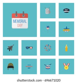 Flat Icons Aircraft, Firecracker, Spectacles And Other Vector Elements. Set Of History Flat Icons Symbols Also Includes Army, Helmet, Mom Objects.