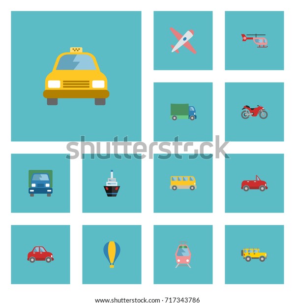 Flat Icons Aircraft, Jeep, Boat And Other Vector\
Elements. Set Of Transport Flat Icons Symbols Also Includes\
Helicopter, Plane, Sky\
Objects.