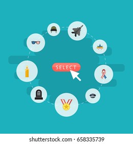 Flat Icons Aircraft, Spectacles, Fire Wax And Other Vector Elements. Set Of Memorial Flat Icons Symbols Also Includes Ribbon, Fire, Plane Objects.