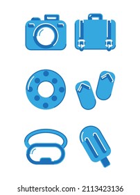 Flat icons of airplane travel, summer vacation planning, tourist and tourist facilities and passengers' luggage. Vector illustration.