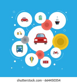 Flat Icons Airship, Boat, Automotive And Other Vector Elements. Set Of Auto Flat Icons Symbols Also Includes Automobile, Ship, Boat Objects.