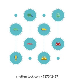 Flat Icons Airship, Lorry, Cab And Other Vector Elements. Set Of Auto Flat Icons Symbols Also Includes Sport, Van, Balloon Objects.