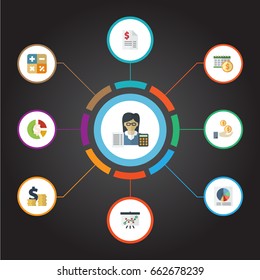 Flat Icons Algebra, Profit, Coins Pile And Other Vector Elements. Set Of Recording Flat Icons Symbols Also Includes Profit, Tactics, Booker Objects.