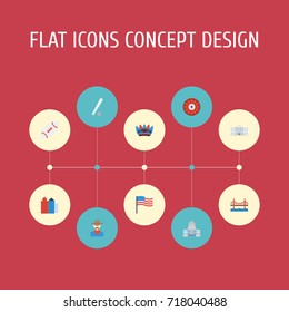Flat Icons America, Sport, Bridge And Other Vector Elements. Set Of Usa Flat Icons Symbols Also Includes State, York, Golden Objects.