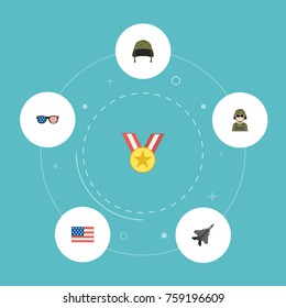 Flat Icons American Banner, Spectacles, Soldier Helmet And Other Vector Elements. Set Of Memorial Flat Icons Symbols Also Includes Award, Medallion, Man Objects.