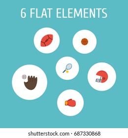 Flat Icons American Football, Rocket, Rugby And Other Vector Elements. Set Of Activity Flat Icons Symbols Also Includes Worn, Basketball, Tennis Objects.