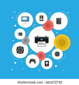 Flat Icons Amplifier, Controller, Printer And Other Vector Elements. Set Of Laptop Flat Icons Symbols Also Includes Display, Hard, Printing Objects.