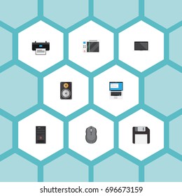 Flat Icons Amplifier, Laptop, Monitor And Other Vector Elements. Set Of Computer Flat Icons Symbols Also Includes Loudspeaker, Mouse, Keyboard Objects.