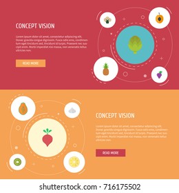 Flat Icons Ananas, Broccoli, Exotic Dessert And Other Vector Elements. Set Of Fruit Flat Icons Symbols Also Includes Cauliflower, Exotic, Pineapple Objects.