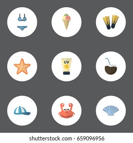 Flat Icons Anti-Sun Cream, Cocos, Conch And Other Vector Elements. Set Of Season Flat Icons Symbols Also Includes Beachwear, Coconut, Sun Objects.