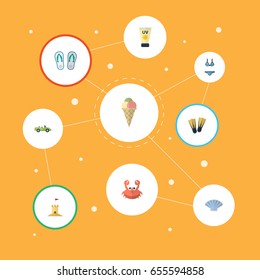 Flat Icons Anti-Sun Cream, Conch, Castle And Other Vector Elements. Set Of Summer Flat Icons Symbols Also Includes Flip, Cancer, Ice Objects.