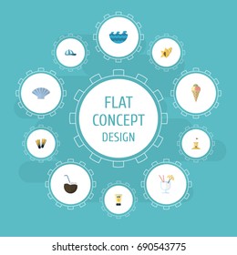 Flat Icons Anti-Sun Cream, Drink, Conch And Other Vector Elements. Set Of Beach Flat Icons Symbols Also Includes Cream, Water, Sink Objects.