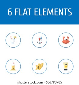 Flat Icons Anti-Sun Cream, Shell, Fly And Other Vector Elements. Set Of Summer Flat Icons Symbols Also Includes Drink, Cream, Cancer Objects.