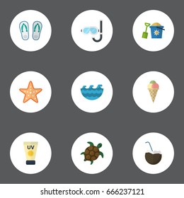 Flat Icons Anti-Sun Cream, Slippers, Sea Star And Other Vector Elements. Set Of Season Flat Icons Symbols Also Includes Sea, Sunscreen, Drink Objects.