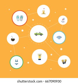 Flat Icons Anti-Sun Cream, Slippers, Swimming And Other Vector Elements. Set Of Summer Flat Icons Symbols Also Includes Slippers, Flip, Sand Objects.