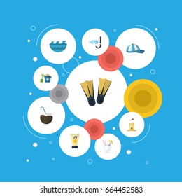 Flat Icons Anti-Sun Cream, Swimming, Cocos And Other Vector Elements. Set Of Beach Flat Icons Symbols Also Includes Cap, Sand, Sea Objects.